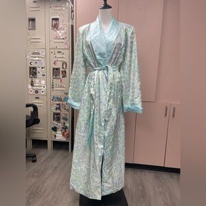 Eve Stillman Couture Vintage Belted Long Robe blue floral side pockets size S